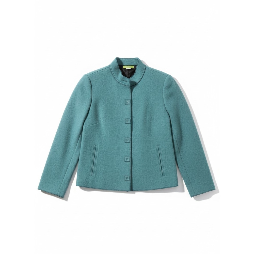 Sigrid Olsen Teal Wool Blend Mock Neck Square Snap Button Jacket, Women's Large